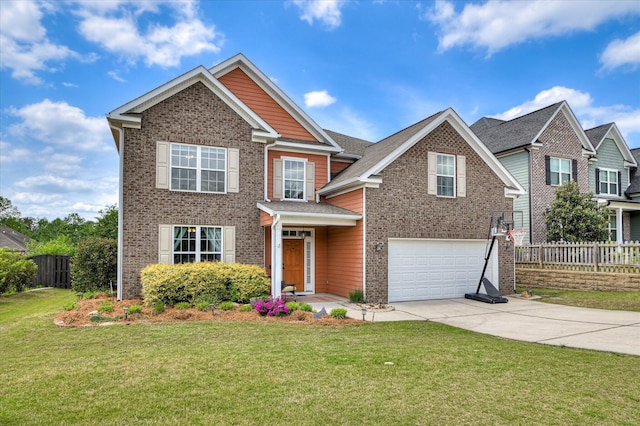 view of front of house with fence, concrete driveway, a front lawn, and brick siding