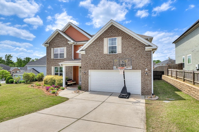 traditional home with driveway, a front yard, a garage, brick siding, and fence