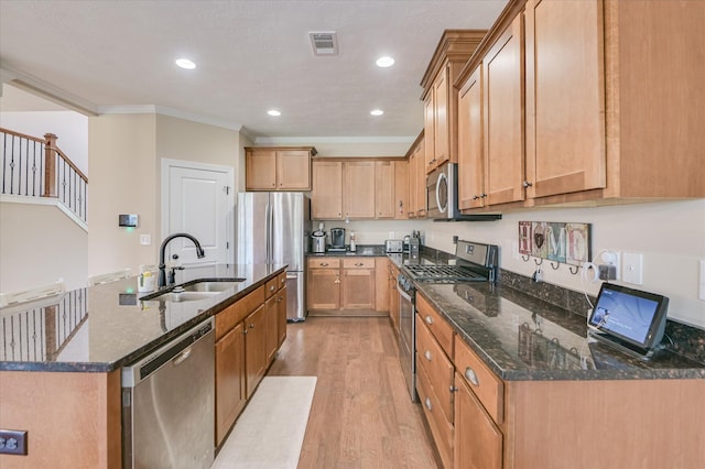 kitchen featuring visible vents, ornamental molding, light wood-type flooring, a sink, and stainless steel appliances