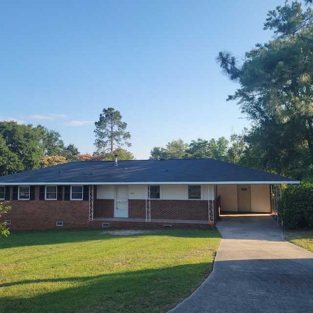 2514 Cascade Dr, Augusta, GA 30904 - ranch-style house with driveway, a front lawn, an attached carport, crawl space, and brick siding