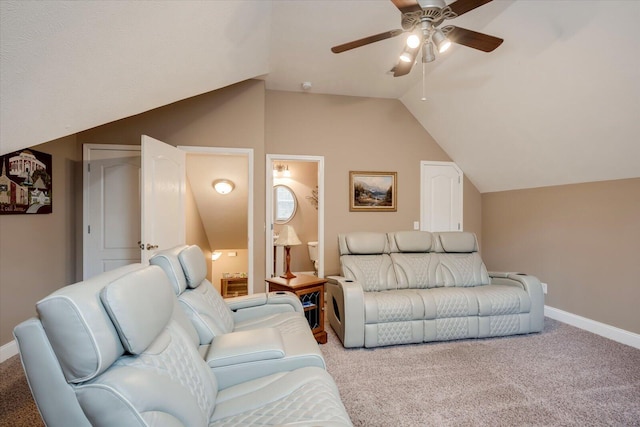 living room featuring light carpet, vaulted ceiling, and ceiling fan