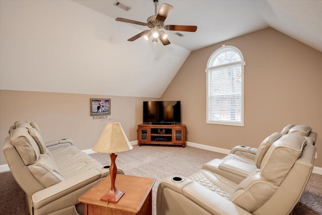 living room with carpet floors, ceiling fan, and vaulted ceiling