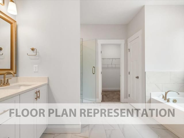 full bath with a spacious closet, a stall shower, a bath, marble finish floor, and vanity