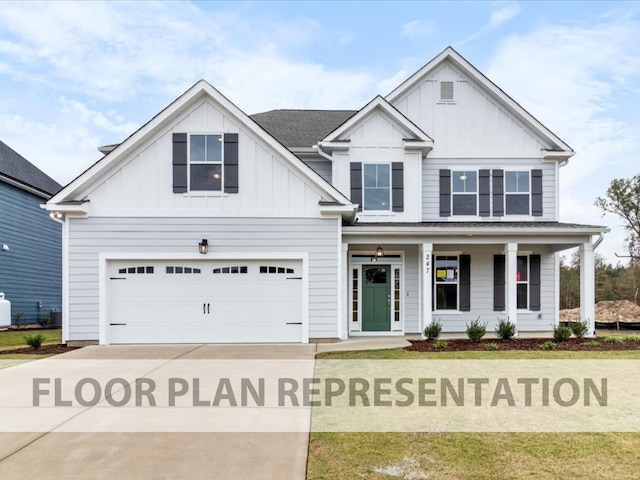 view of front of property with a porch, board and batten siding, an attached garage, and driveway