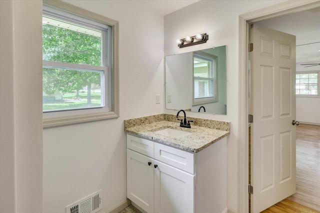 bathroom with ceiling fan, vanity, and hardwood / wood-style flooring