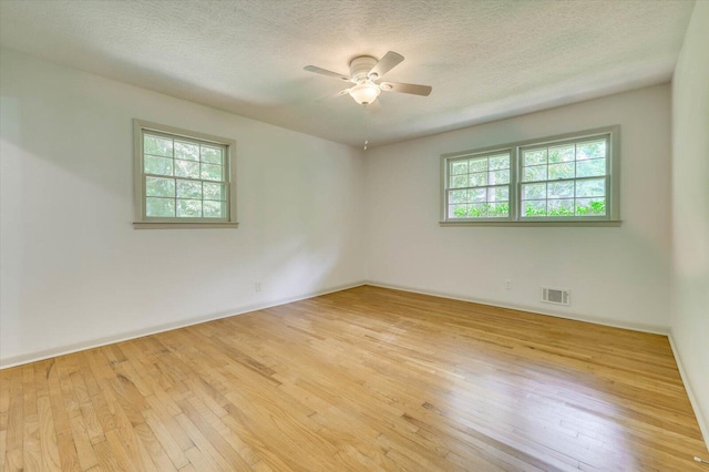 spare room featuring a textured ceiling, light hardwood / wood-style flooring, a wealth of natural light, and ceiling fan