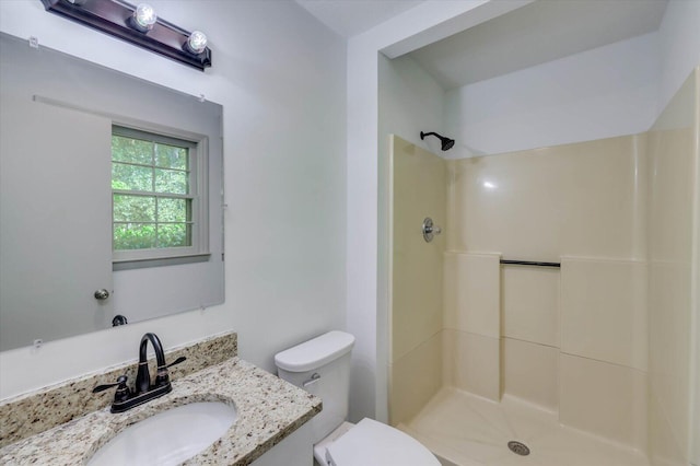 bathroom with a shower, vanity, and toilet