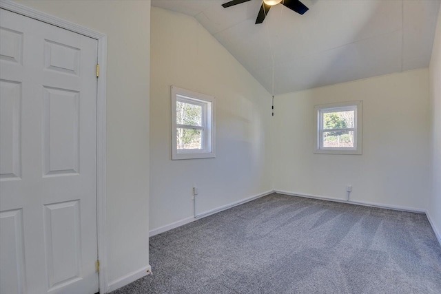 spare room featuring ceiling fan, lofted ceiling, and carpet flooring