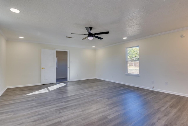 unfurnished room with ceiling fan, ornamental molding, a textured ceiling, and light wood-type flooring