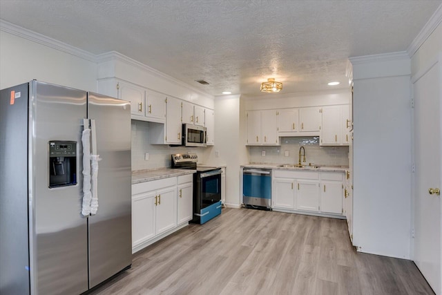 kitchen with white cabinetry, stainless steel appliances, sink, and backsplash