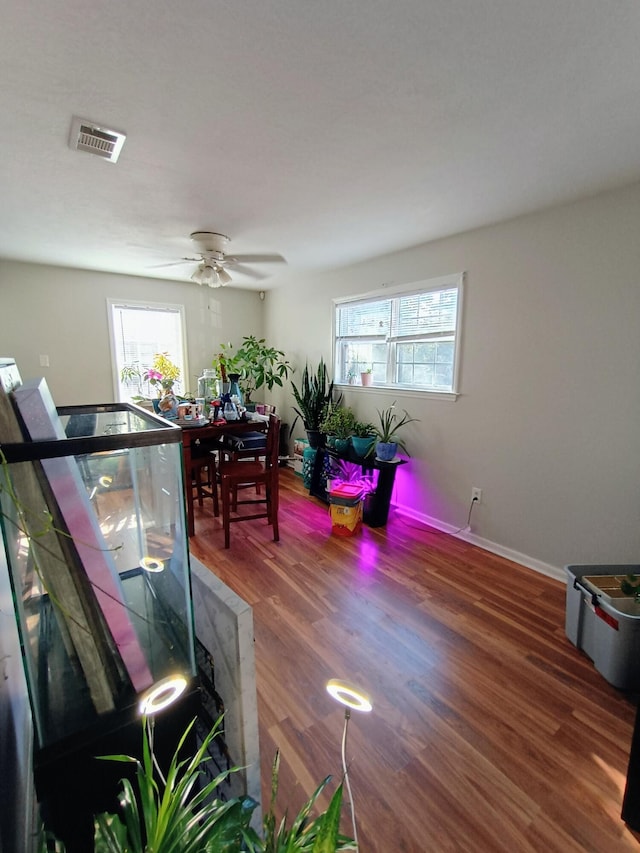 dining room with wood finished floors, visible vents, a wealth of natural light, and baseboards