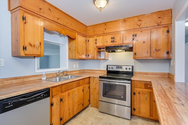 2009 Brighton Cir, Augusta, GA 30906 - kitchen with appliances with stainless steel finishes, under cabinet range hood, brown cabinets, and wood counters
