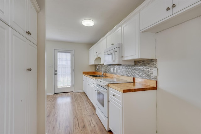 1532 Abby Way, Augusta, GA 30909 - kitchen with white appliances, butcher block counters, decorative backsplash, light wood-type flooring, and white cabinets