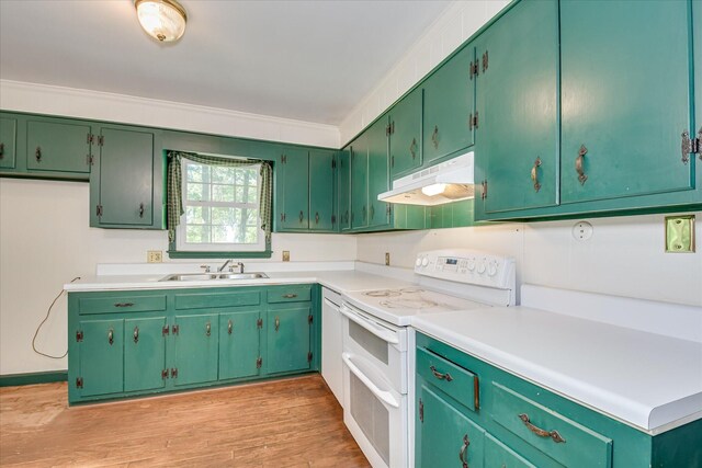 413 Mcintosh Dr, Waynesboro, GA 30830 - kitchen featuring range with two ovens, under cabinet range hood, a sink, light wood-style floors, and light countertops