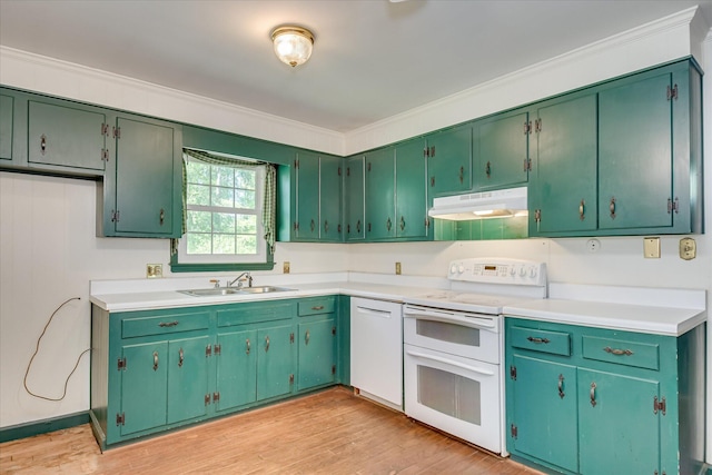 413 Mcintosh Dr, Waynesboro, GA 30830 - kitchen featuring white appliances, a sink, under cabinet range hood, light wood finished floors, and ornamental molding
