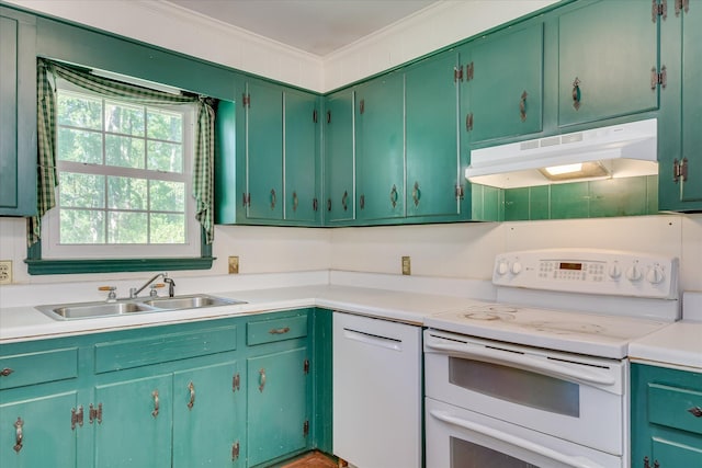 413 Mcintosh Dr, Waynesboro, GA 30830 - kitchen with under cabinet range hood, white electric range, a sink, crown molding, and light countertops