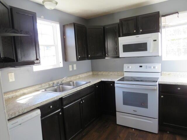 kitchen with white appliances, a sink, light countertops, dark brown cabinets, and dark wood-style floors