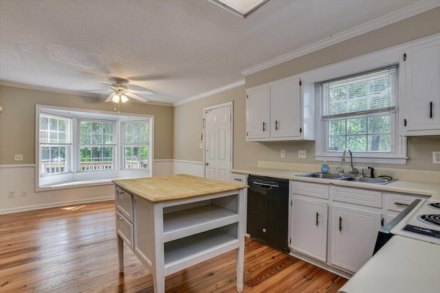 kitchen with ornamental molding, ceiling fan, sink, black dishwasher, and white cabinetry