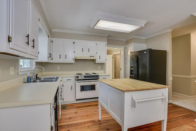 kitchen featuring white cabinetry, black refrigerator with ice dispenser, white electric range oven, and light wood-type flooring