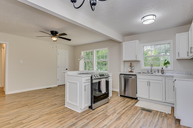 kitchen with white cabinetry, sink, stainless steel appliances, and light wood-type flooring