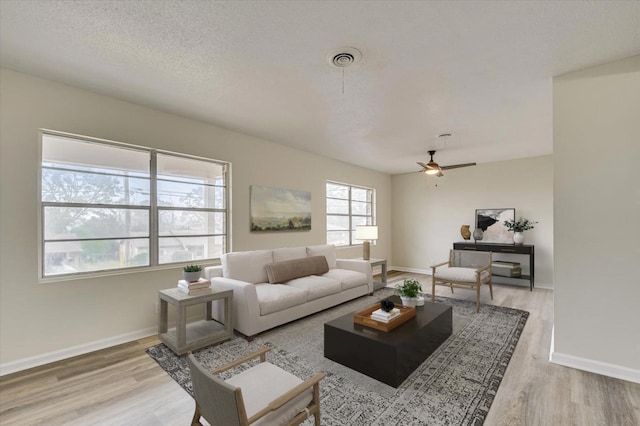 living room featuring hardwood / wood-style flooring, ceiling fan, and a textured ceiling