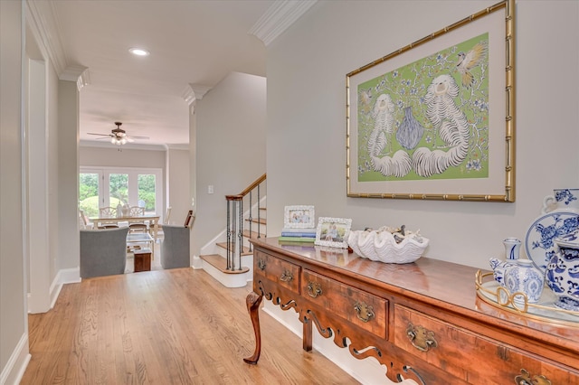 820 Barrett Ln, Augusta, GA 30909 - hallway with ornamental molding, stairway, wood finished floors, recessed lighting, and baseboards