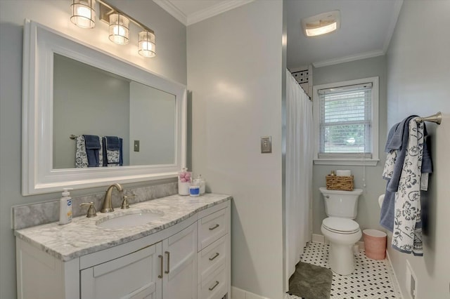 bathroom featuring a shower with shower curtain, ornamental molding, vanity, and toilet