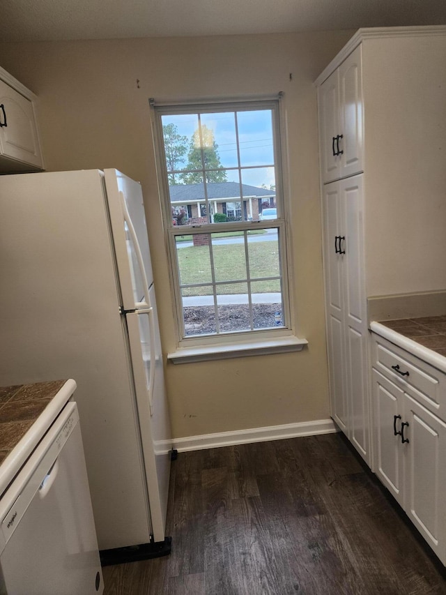 1612 Creek Run Rd, Hephzibah, GA 30815 - kitchen featuring white appliances, dark wood-type flooring, white cabinets, and baseboards