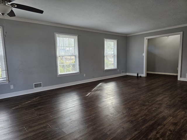 unfurnished room featuring a textured ceiling, ornamental molding, dark hardwood / wood-style floors, and ceiling fan