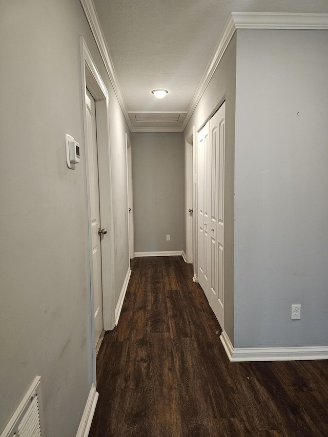 hallway with dark hardwood / wood-style flooring and ornamental molding