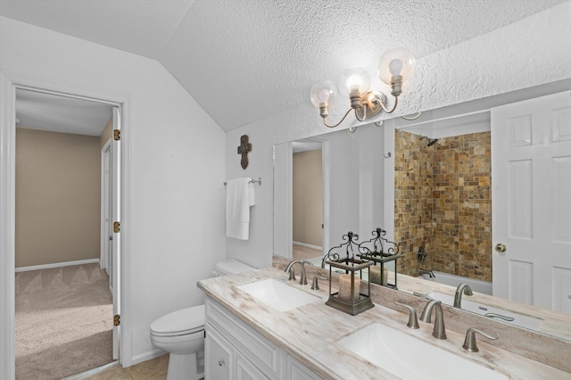 922 Windmill Ln, Evans, GA 30809 - bathroom featuring vaulted ceiling, double vanity, a textured ceiling, toilet, and  shower combination