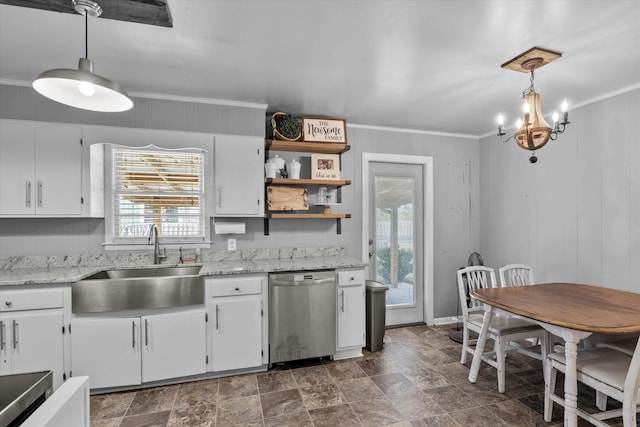 2872 Ga Highway 102, Wrens, GA 30833 - kitchen featuring decorative light fixtures, dishwasher, white cabinetry, and sink