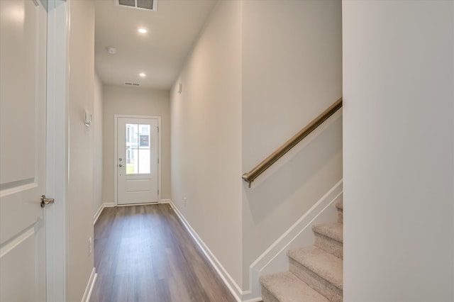 2015 Saylor Ln, Grovetown, GA 30813 - entryway featuring dark wood-style flooring, recessed lighting, baseboards, and stairs
