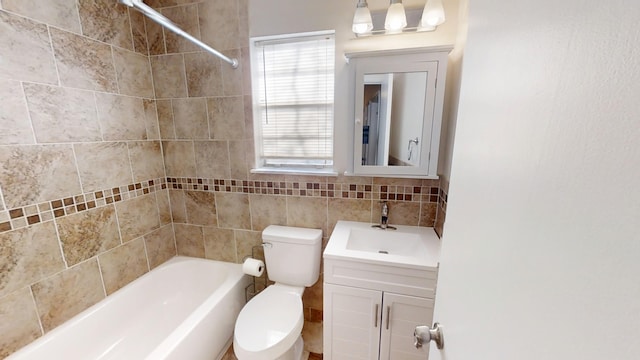 full bath with toilet,  shower combination, and vanity