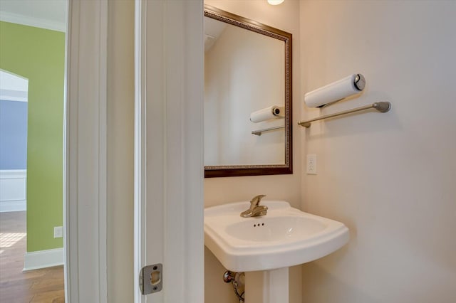 bathroom with crown molding, sink, and hardwood / wood-style flooring