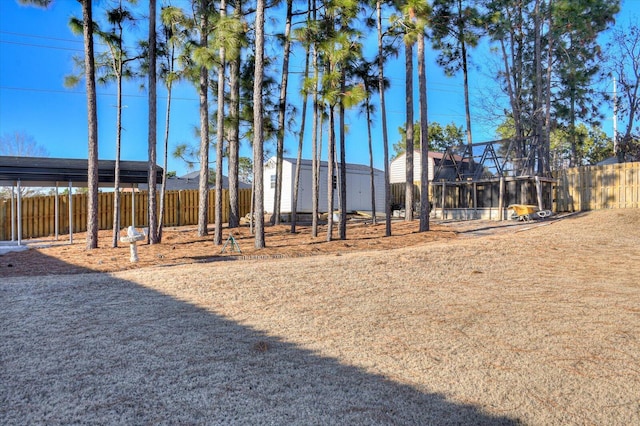 view of yard featuring a storage shed