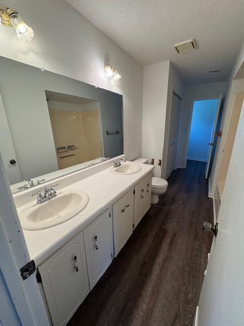 6183 Columbia Rd, Appling, GA 30802 - bathroom with wood finished floors, double vanity, and a textured ceiling