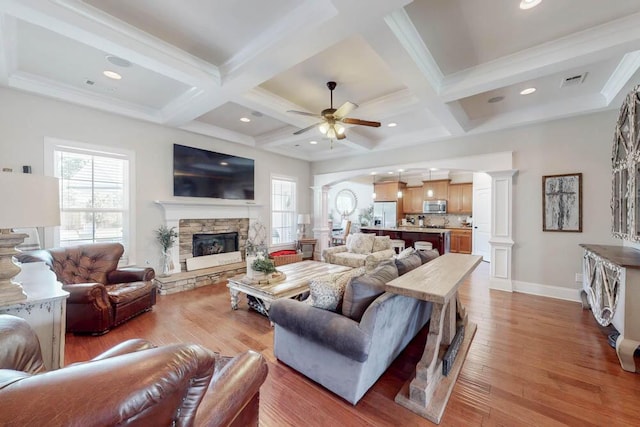 617 Morris Run, North Augusta, SC 29860 - living room with ornate columns, a ceiling fan, healthy amount of natural light, coffered ceiling, and hardwood / wood-style flooring