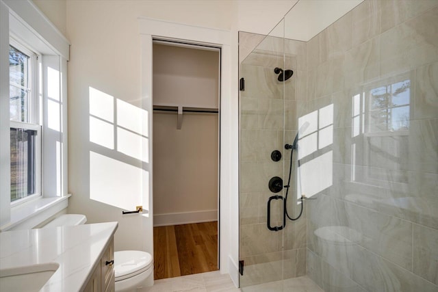 bathroom with vanity, toilet, and a shower with door