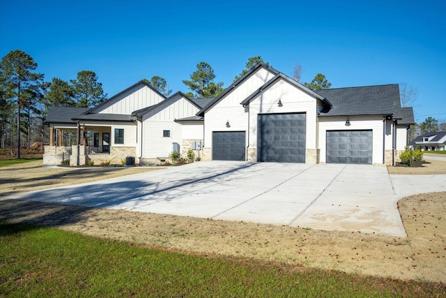 modern farmhouse style home with a garage