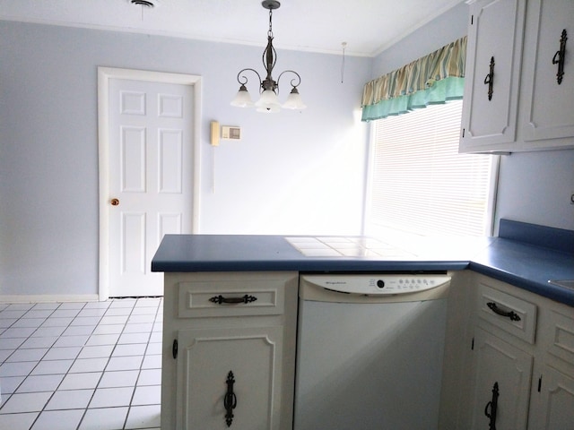 kitchen featuring dishwasher, light tile patterned floors, pendant lighting, a chandelier, and dark countertops