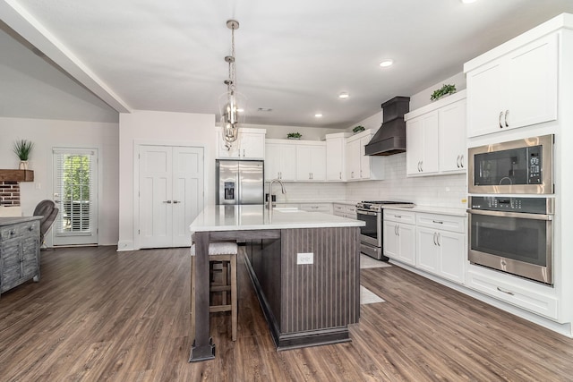 306 Bonhill St, North Augusta, SC 29860 - kitchen with dark wood-style floors, a sink, custom exhaust hood, white cabinetry, and appliances with stainless steel finishes