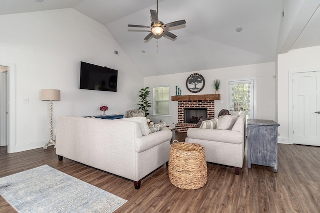 306 Bonhill St, North Augusta, SC 29860 - living area with wood finished floors, baseboards, a brick fireplace, high vaulted ceiling, and ceiling fan