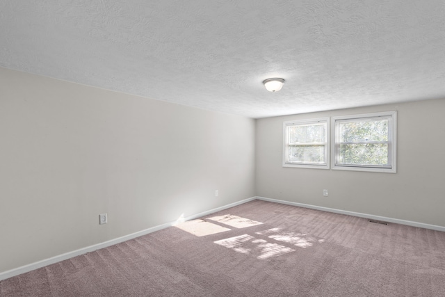 spare room with a textured ceiling and light carpet