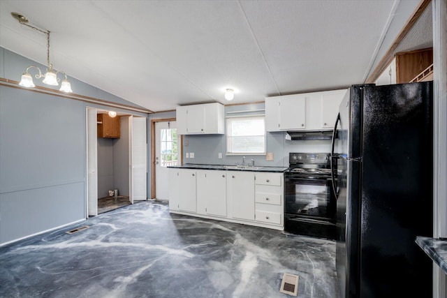 kitchen with pendant lighting, lofted ceiling, black appliances, sink, and white cabinetry