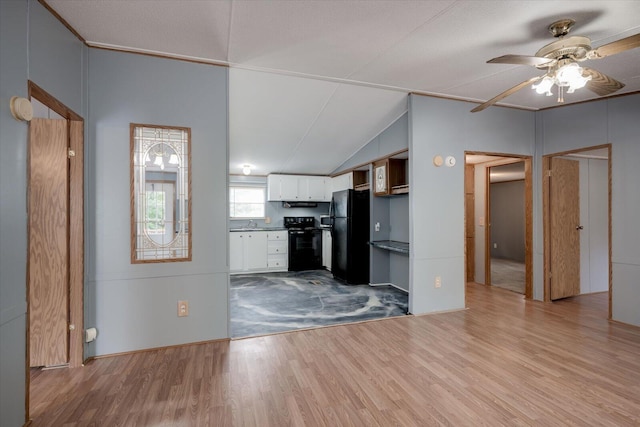 kitchen with ceiling fan, black appliances, white cabinets, light hardwood / wood-style floors, and lofted ceiling