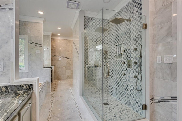 4512 Hardy Mcmanus Rd, Evans, GA 30809 - bathroom with vanity, ornamental molding, and a shower stall