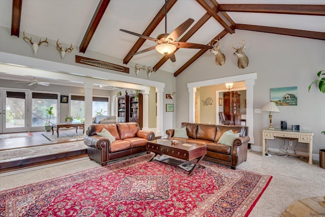 4512 Hardy Mcmanus Rd, Evans, GA 30809 - carpeted living room featuring ornate columns, baseboards, a ceiling fan, and beam ceiling