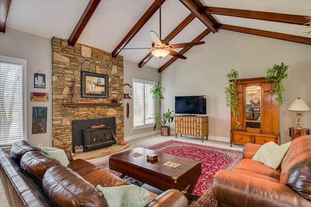 4512 Hardy Mcmanus Rd, Evans, GA 30809 - carpeted living area featuring baseboards, beamed ceiling, high vaulted ceiling, and a ceiling fan