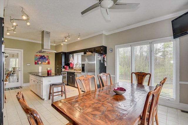 4512 Hardy Mcmanus Rd, Evans, GA 30809 - dining space with baseboards, rail lighting, ornamental molding, ceiling fan, and light tile patterned floors